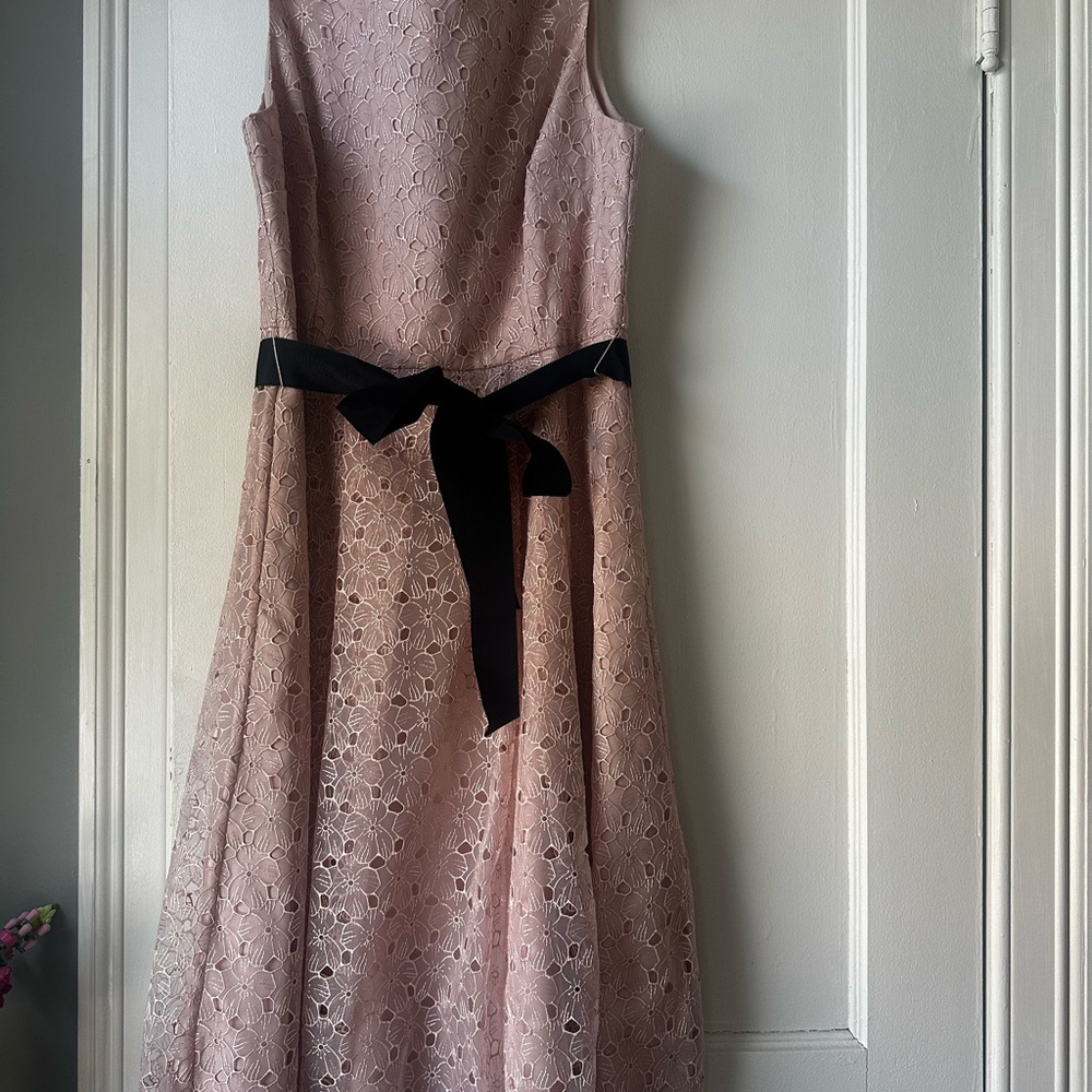 Elegant Pink Lace Dress with navy Bow
